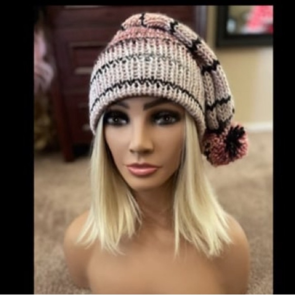 "Pom-Pom Party" Pink & Black Striped Stocking Cap